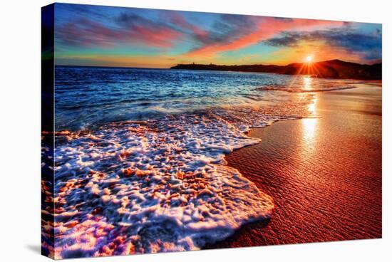 Brilliant Vacation Destination Beach Sunrise with Colorful Sand Bright Sea Foam Pink Clouds and Dis-West Coast Scapes-Stretched Canvas