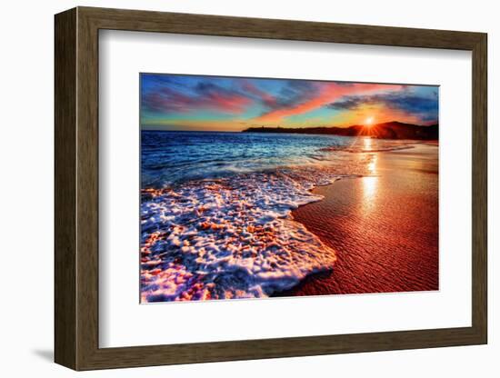 Brilliant Vacation Destination Beach Sunrise with Colorful Sand Bright Sea Foam Pink Clouds and Dis-West Coast Scapes-Framed Photographic Print