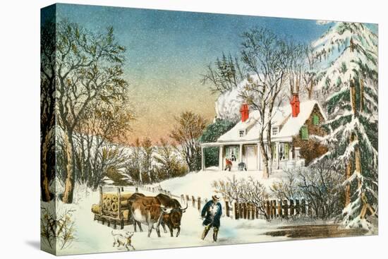 Bringing Home the Logs, Winter Landscape-Currier & Ives-Stretched Canvas