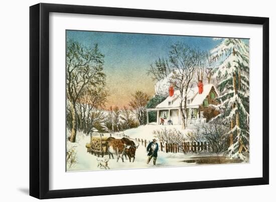 Bringing Home the Logs, Winter Landscape-Currier & Ives-Framed Giclee Print