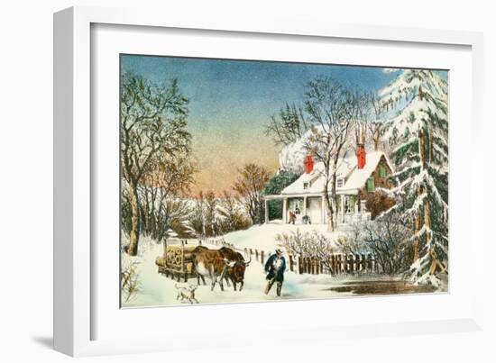 Bringing Home the Logs, Winter Landscape-Currier & Ives-Framed Giclee Print