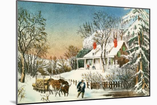 Bringing Home the Logs, Winter Landscape-Currier & Ives-Mounted Giclee Print