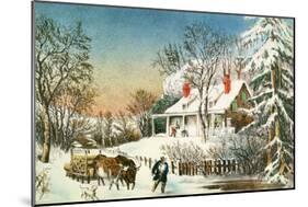 Bringing Home the Logs, Winter Landscape-Currier & Ives-Mounted Giclee Print