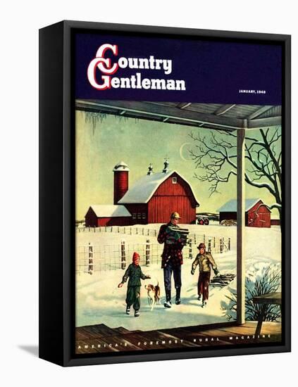 "Bringing in Firewood," Country Gentleman Cover, January 1, 1948-Francesco Delle Donne-Framed Stretched Canvas