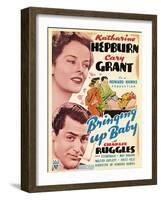 Bringing Up Baby, Katharine Hepburn, Cary Grant on window card, 1938-null-Framed Art Print