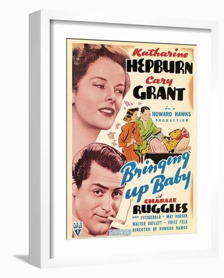 Bringing Up Baby, Katharine Hepburn, Cary Grant on window card, 1938-null-Framed Art Print