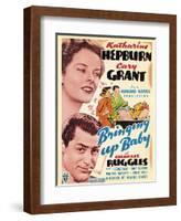 Bringing Up Baby, Katharine Hepburn, Cary Grant on window card, 1938-null-Framed Art Print