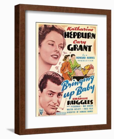 Bringing Up Baby, Katharine Hepburn, Cary Grant on window card, 1938-null-Framed Art Print