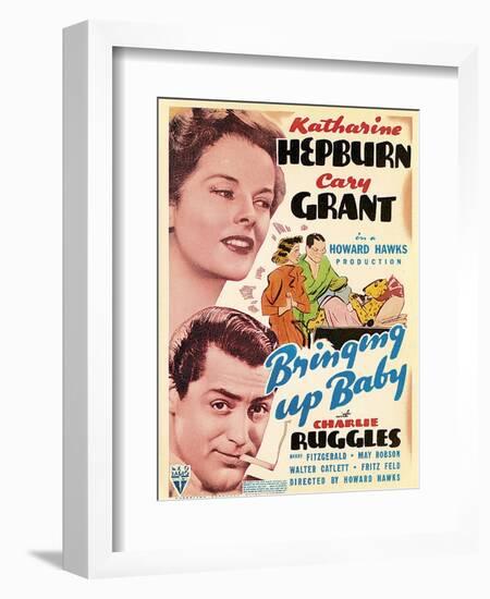 Bringing Up Baby, Katharine Hepburn, Cary Grant on window card, 1938-null-Framed Art Print