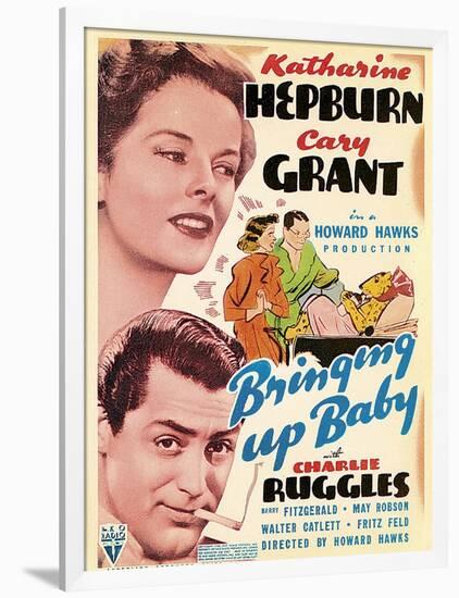 Bringing Up Baby, Katharine Hepburn, Cary Grant on window card, 1938-null-Framed Art Print