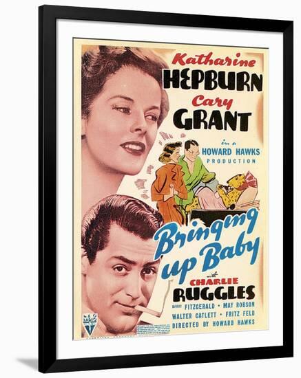 Bringing Up Baby, Katharine Hepburn, Cary Grant on window card, 1938-null-Framed Art Print