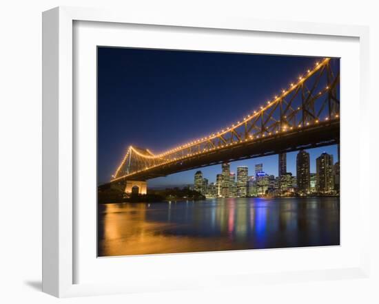 Brisbane City Skyline at Dusk, Queensland, Story Bridge Illuminated, Brisbane River, Australia-Andrew Watson-Framed Photographic Print