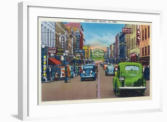 Bristol, Virginia - View of State Street and Bristol, Tennessee-Lantern Press-Framed Art Print