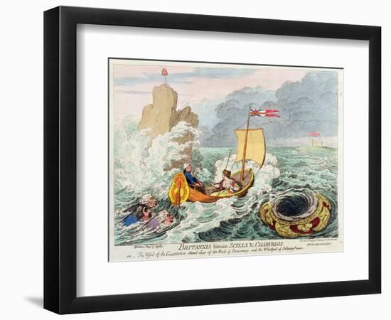 Britannia Between Scylla and Charybdis, or the Vessel of Constitution Steered Clear of the Rock…-James Gillray-Framed Giclee Print