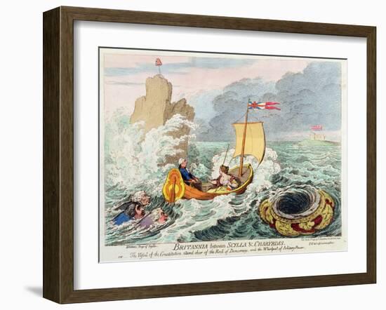 Britannia Between Scylla and Charybdis, or the Vessel of Constitution Steered Clear of the Rock…-James Gillray-Framed Giclee Print