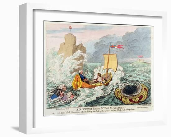 Britannia Between Scylla and Charybdis, or the Vessel of Constitution Steered Clear of the Rock…-James Gillray-Framed Giclee Print