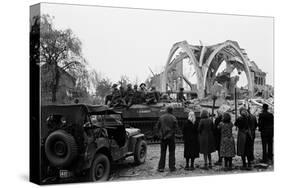 British 49th Armoured Personnel Carrier Regiment Tank Passes Civilians and a Damaged Church-George Silk-Stretched Canvas