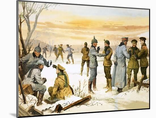 British and German Soldiers Hold a Christmas Truce During the Great War-Angus Mcbride-Mounted Giclee Print