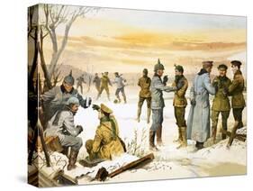 British and German Soldiers Hold a Christmas Truce During the Great War-Angus Mcbride-Stretched Canvas