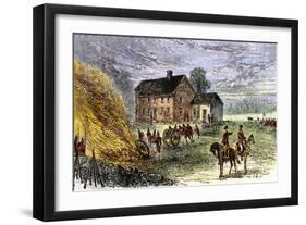 British Burning Patriots' Goods in a Bonfire at Colonel Barrett's House, Battle of Concord, c.1775-null-Framed Giclee Print