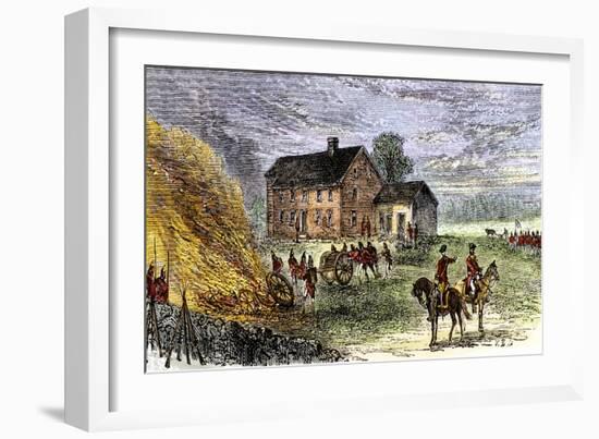 British Burning Patriots' Goods in a Bonfire at Colonel Barrett's House, Battle of Concord, c.1775-null-Framed Giclee Print