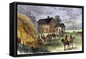 British Burning Patriots' Goods in a Bonfire at Colonel Barrett's House, Battle of Concord, c.1775-null-Framed Stretched Canvas