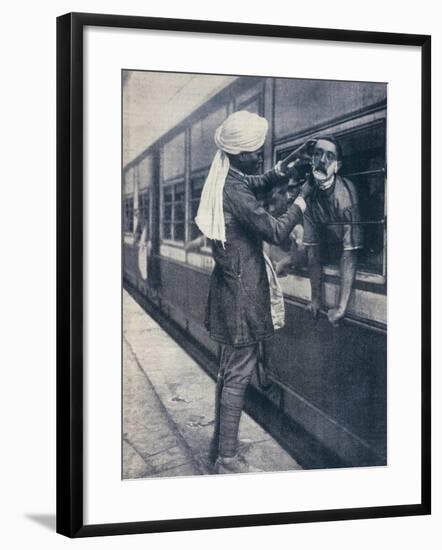 British Colonial Army Officer Being Shaved During a Train Stop to the Himalayas-null-Framed Giclee Print