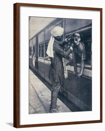 British Colonial Army Officer Being Shaved During a Train Stop to the Himalayas-null-Framed Giclee Print