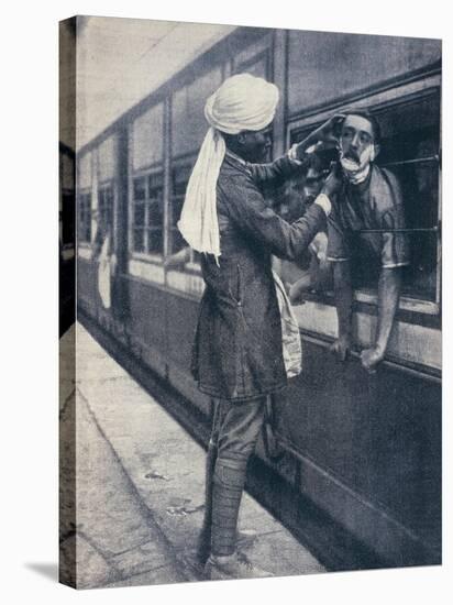 British Colonial Army Officer Being Shaved During a Train Stop to the Himalayas-null-Stretched Canvas