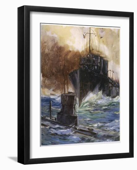 British Destroyer "Badger" Rams and Damages a U-Boat off the Dutch Coast-Cyrus Cuneo-Framed Photographic Print