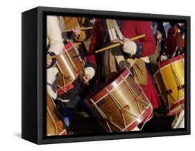 British Drummers Marching in a Reenactment on the Yorktown Battlefield, Virginia-null-Framed Stretched Canvas