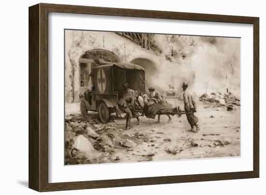 British 'Flying' Ambulance at the Western Front Attending a Wounded Man-null-Framed Giclee Print