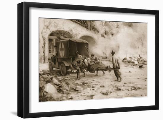 British 'Flying' Ambulance at the Western Front Attending a Wounded Man-null-Framed Giclee Print