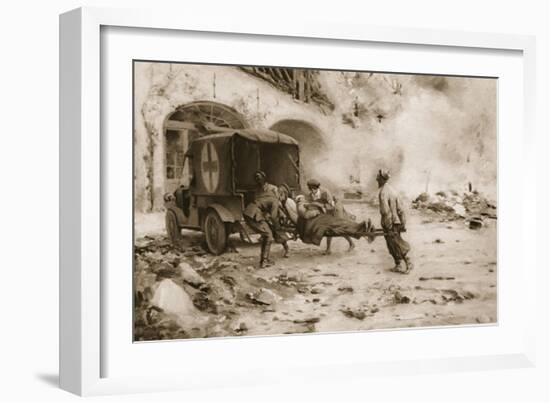 British 'Flying' Ambulance at the Western Front Attending a Wounded Man-null-Framed Giclee Print