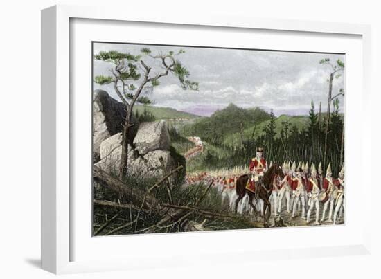 British General Braddock Marching to Fort Duquesne in the French and Indian War, c.1755-null-Framed Giclee Print