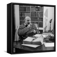 British Leader Winston Churchill Smoking a Cigar at His Desk-Nat Farbman-Framed Stretched Canvas
