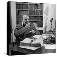 British Leader Winston Churchill Smoking a Cigar at His Desk-Nat Farbman-Stretched Canvas