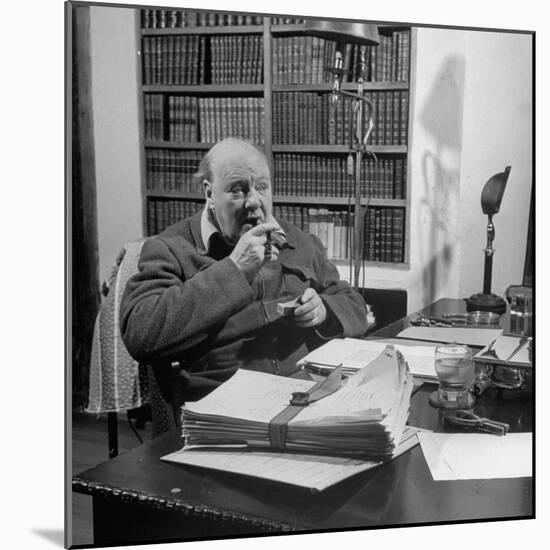 British Leader Winston Churchill Smoking a Cigar at His Desk-Nat Farbman-Mounted Premium Photographic Print