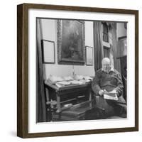 British Leader Winston Churchill Working in His Office, with Painting of Wife Hanging on the Wall-null-Framed Photographic Print