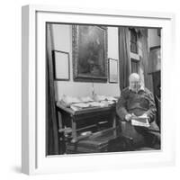 British Leader Winston Churchill Working in His Office, with Painting of Wife Hanging on the Wall-null-Framed Photographic Print