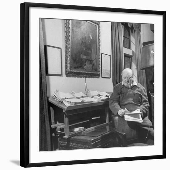 British Leader Winston Churchill Working in His Office, with Painting of Wife Hanging on the Wall-null-Framed Photographic Print