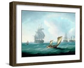British Men-O'-War and a Hulk in a Swell, a Sailing Boat in the Foreground-Thomas Buttersworth-Framed Giclee Print