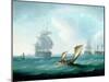 British Men-O'-War and a Hulk in a Swell, a Sailing Boat in the Foreground-Thomas Buttersworth-Mounted Giclee Print