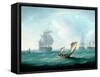 British Men-O'-War and a Hulk in a Swell, a Sailing Boat in the Foreground-Thomas Buttersworth-Framed Stretched Canvas