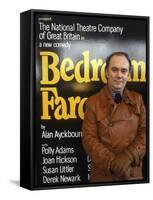 British Playwright Alan Ayckbourn Standing Before Broadway Poster of His Comedy "Bedroom Farce."-Ted Thai-Framed Stretched Canvas
