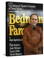 British Playwright Alan Ayckbourn Standing Before Broadway Poster of His Comedy "Bedroom Farce."-Ted Thai-Stretched Canvas
