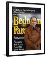 British Playwright Alan Ayckbourn Standing Before Broadway Poster of His Comedy "Bedroom Farce."-Ted Thai-Framed Premium Photographic Print