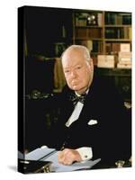 British Politician Sir Winston Churchill, Formal Portrait at Desk-Carl Mydans-Stretched Canvas