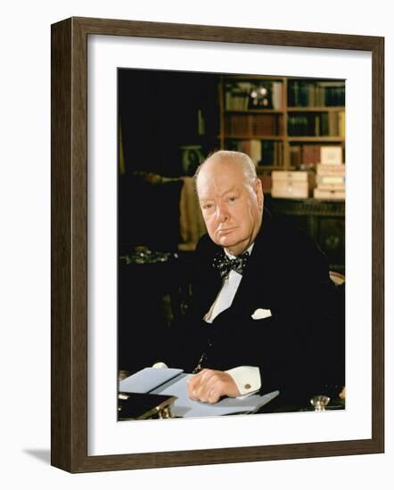 British Politician Sir Winston Churchill, Formal Portrait at Desk-Carl Mydans-Framed Premium Photographic Print