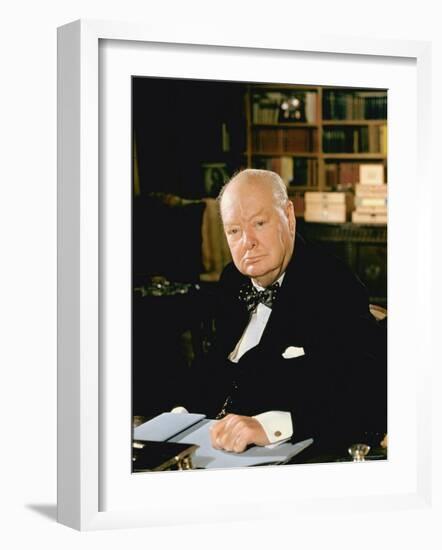 British Politician Sir Winston Churchill, Formal Portrait at Desk-Carl Mydans-Framed Premium Photographic Print